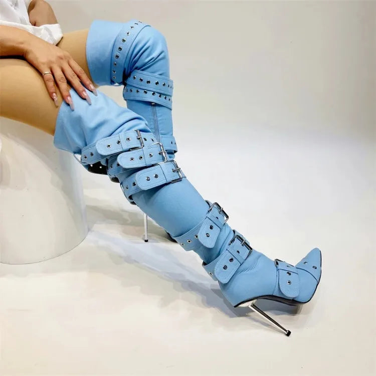 SLSHLYJ Denim Rivet Over-the-Knee Boots – 12cm Heels, Punk Silver Buckle