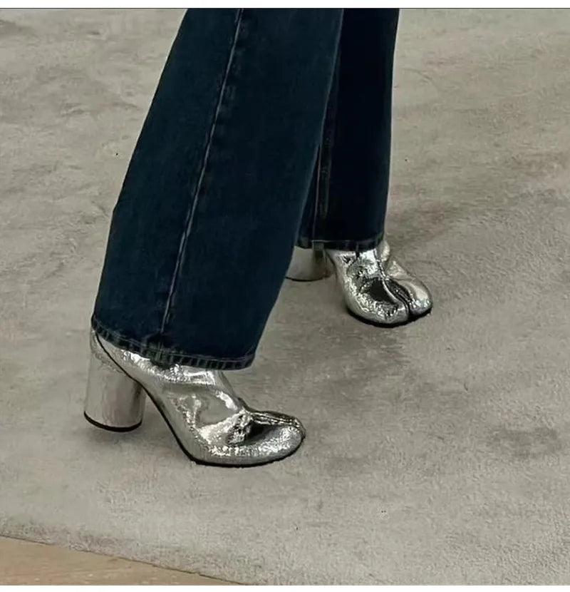 Women’s Split-Toe Tabi Ankle Boots – Chunky High Heel Chelsea Short Booties