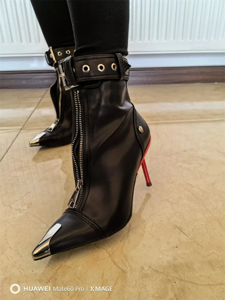 Pointed Ankle Boots – Belt Buckle & Front Zipper,
