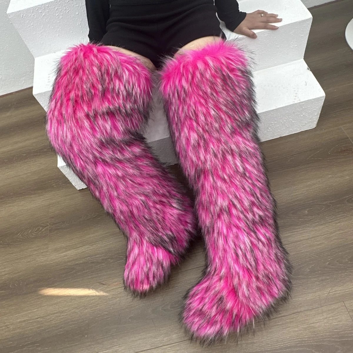 Faux Mongolian Thigh-High Boots Winter Warm Faux Fur Flat Over-the-Knee