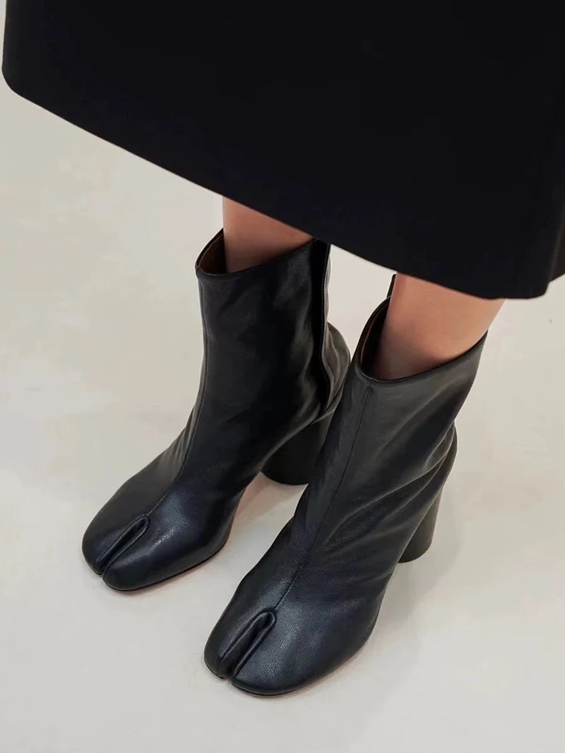 Women’s Split-Toe Tabi Ankle Boots – Chunky High Heel Chelsea Short Booties