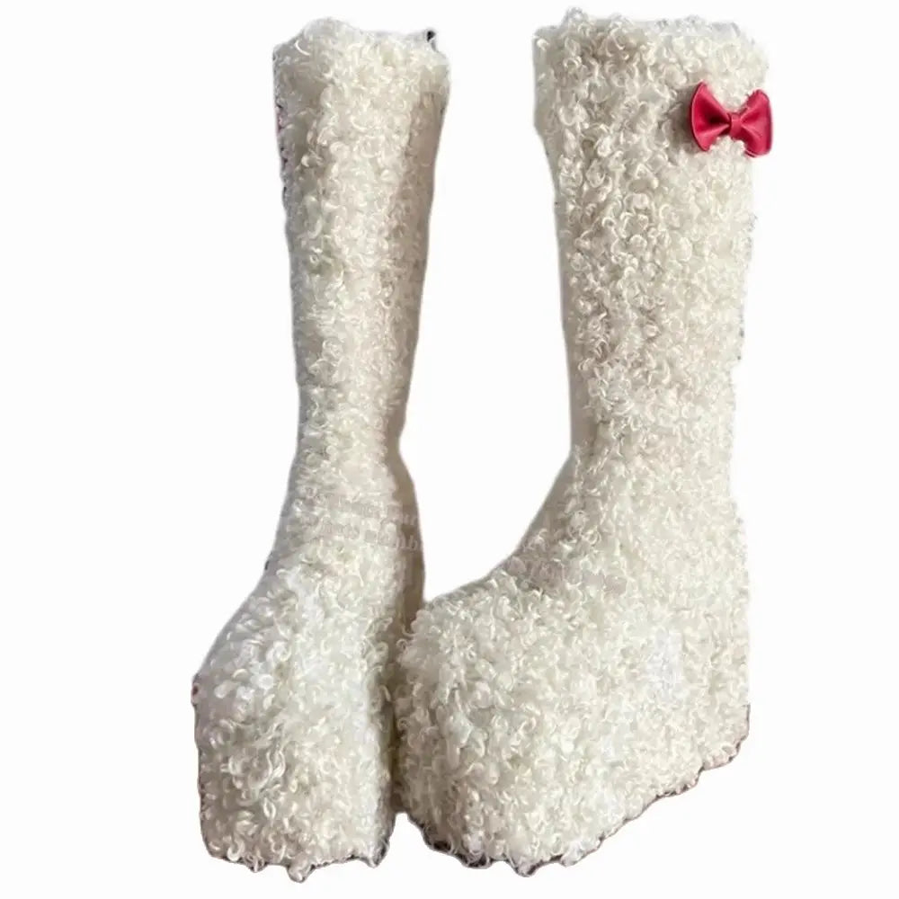 Kibbutz Women’s Lamb’s Wool Knee-High Boots – Warm Snow Fur Bowknot Platform Shoes