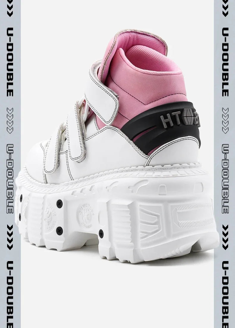 Pink Style Women’s Knee-High Boots – Lace-Up Platform Heel with Metal Detail