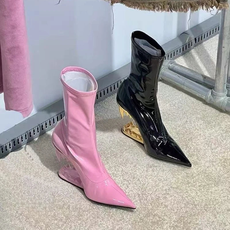 Tiger Teeth Heel Boots – Women’s High Fashion Mid-Calf Stretch Boots