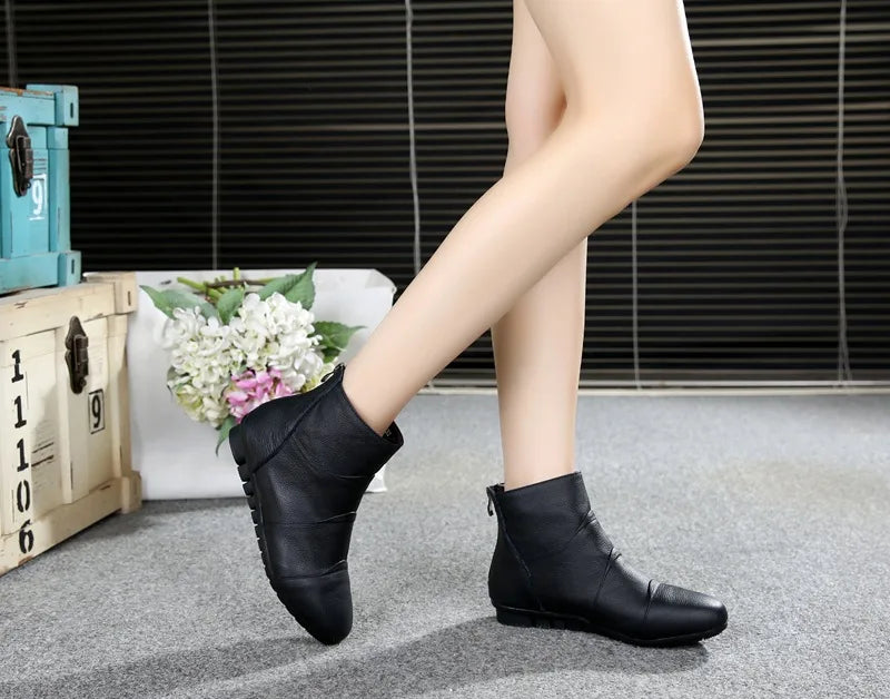 WOIZGIC Women’s Genuine Leather Platform Ankle Boots Zipper Warm Plush Autumn Winter
