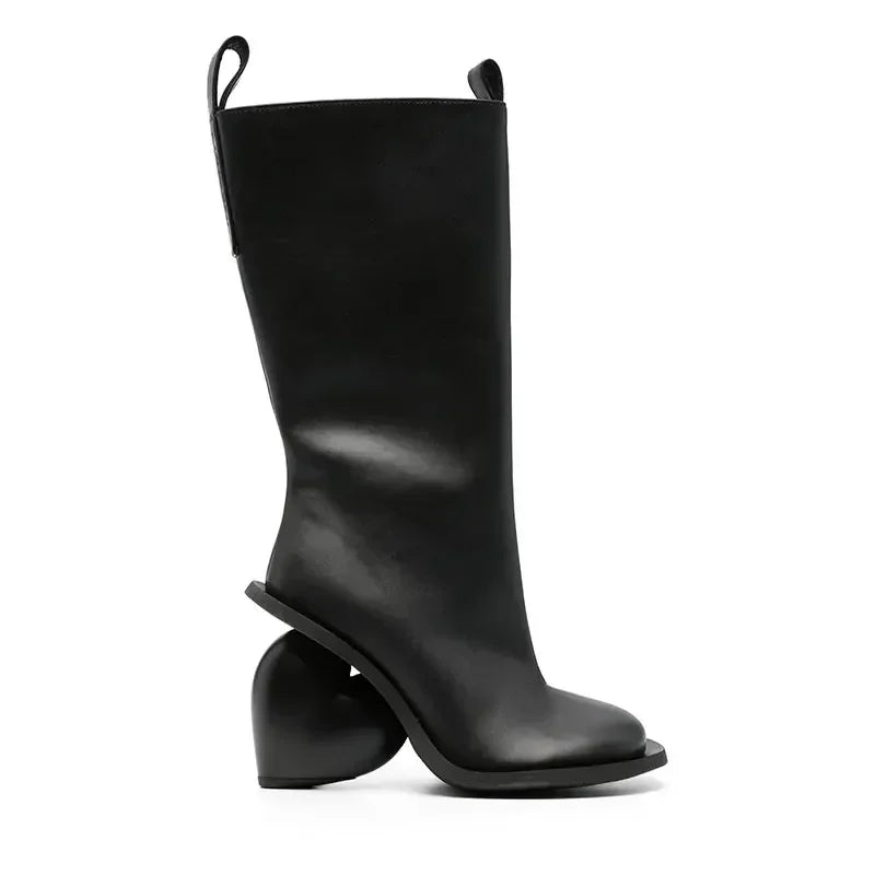 2024 Genuine Leather Mid-Calf Boots for Women – Round Toe High Heels