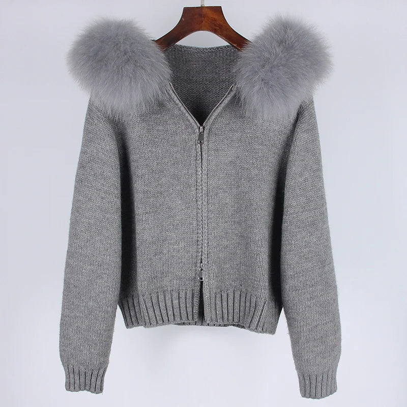Real Fox Fur Hooded Sweater – Loose Knit Zipper Cardigan