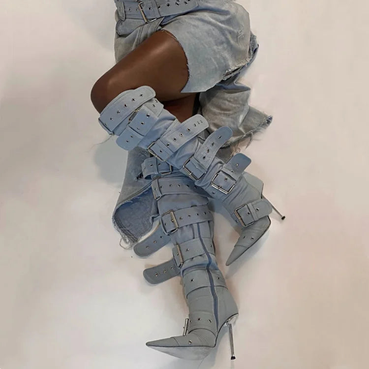 SLSHLYJ Denim Rivet Over-the-Knee Boots – 12cm Heels, Punk Silver Buckle