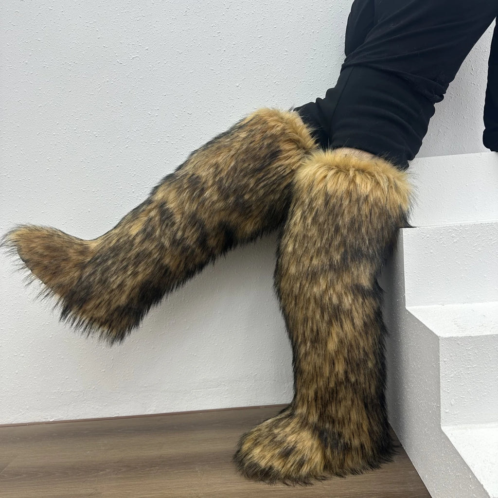 Faux Mongolian Thigh-High Boots Winter Warm Faux Fur Flat Over-the-Knee
