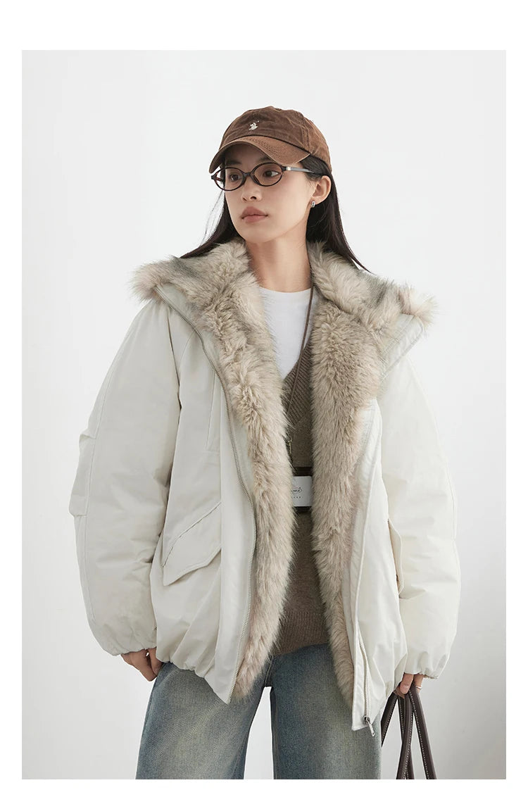 Korean Women’s Down Coat – Loose Hooded Jacket with Faux Fur Collar, 90% White Duck Down, Autumn/Winter 2025