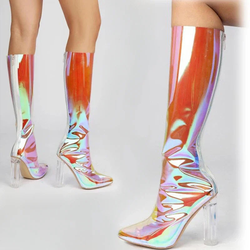 Sexy Pointed Crystal Transparent Knee-High Boots