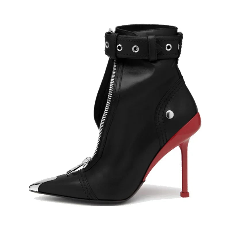 Pointed Ankle Boots – Belt Buckle & Front Zipper,