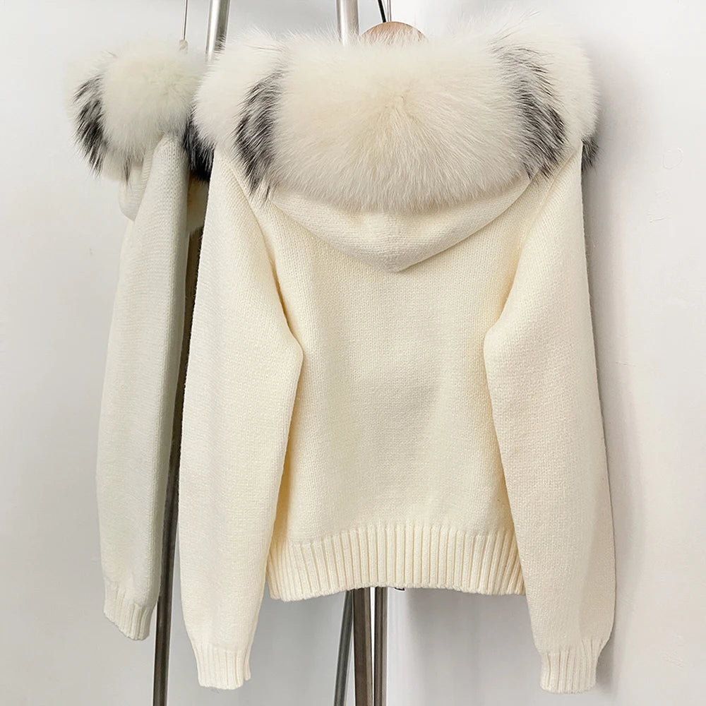 Real Fox Fur Hooded Sweater – Loose Knit Zipper Cardigan