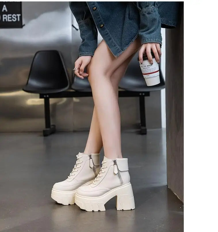 TuoYAO Genuine Leather Platform Ankle Boots
