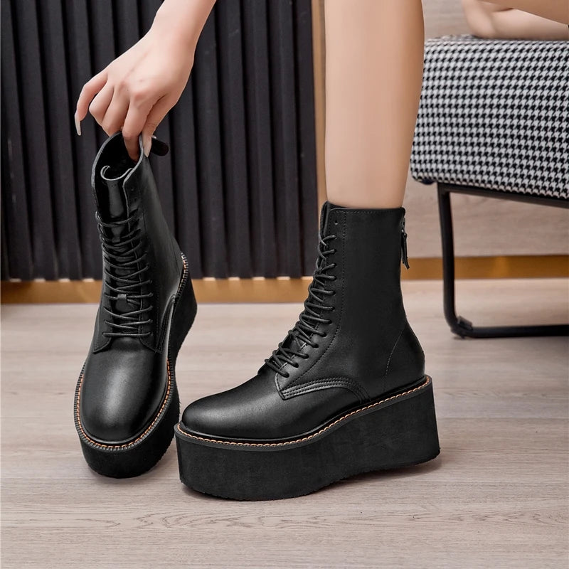Women’s Genuine Leather Ankle Boots – Retro Lace-Up High-Heel Platform Short Boots
