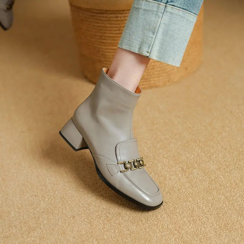 ASUMER Women’s Genuine Leather Ankle Boots – Zipper Square Mid Heels for Autumn & Winter