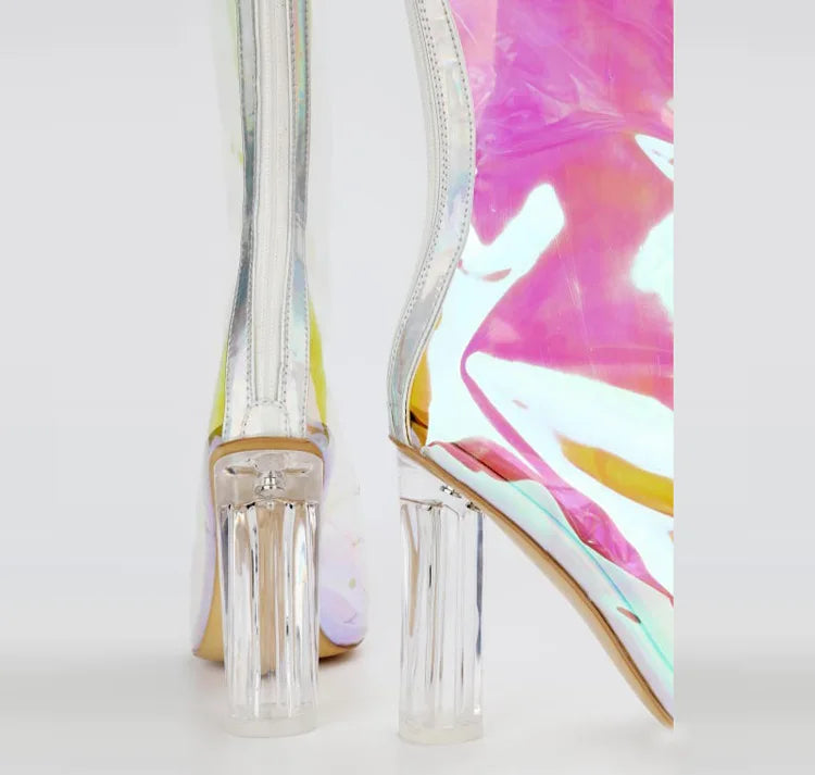 Sexy Pointed Crystal Transparent Knee-High Boots
