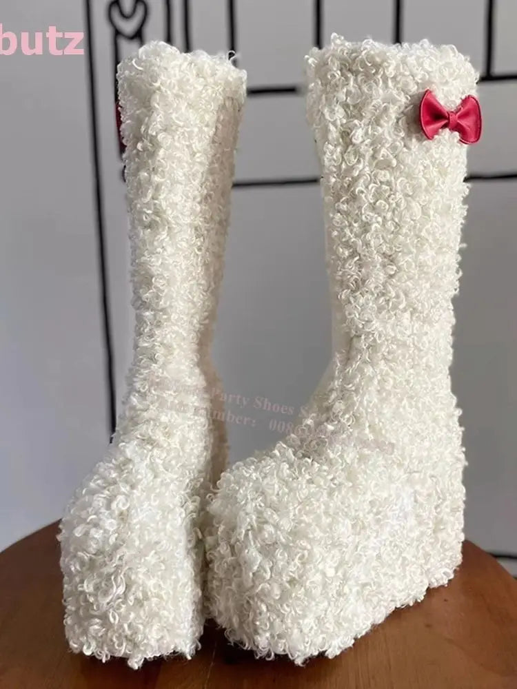 Kibbutz Women’s Lamb’s Wool Knee-High Boots – Warm Snow Fur Bowknot Platform Shoes