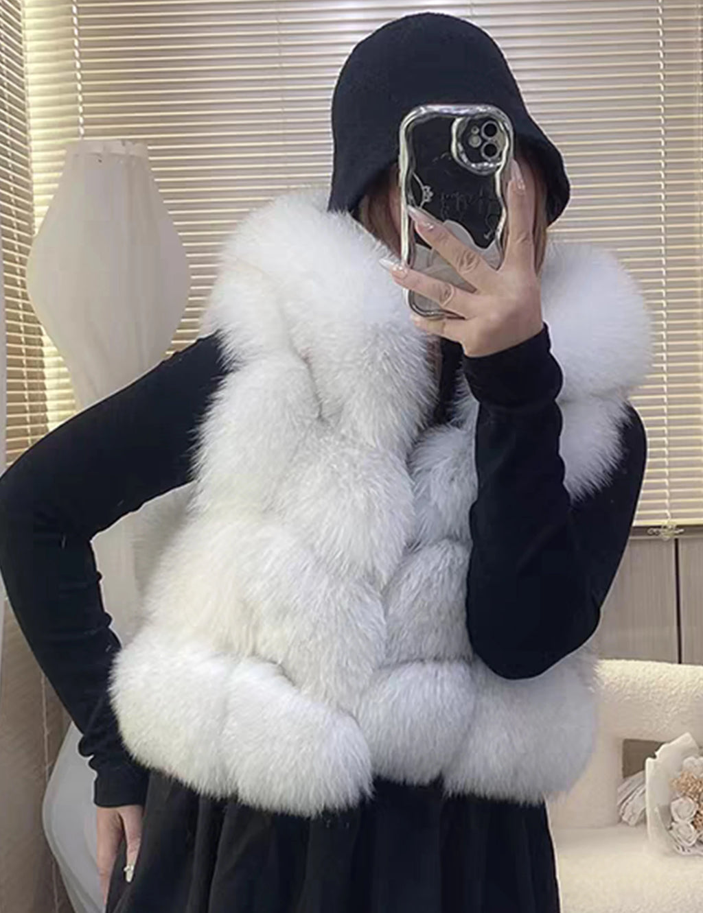 Real Silver Fox Fur Vest – Hooded Genuine Leather Sleeveless Jacket for Women