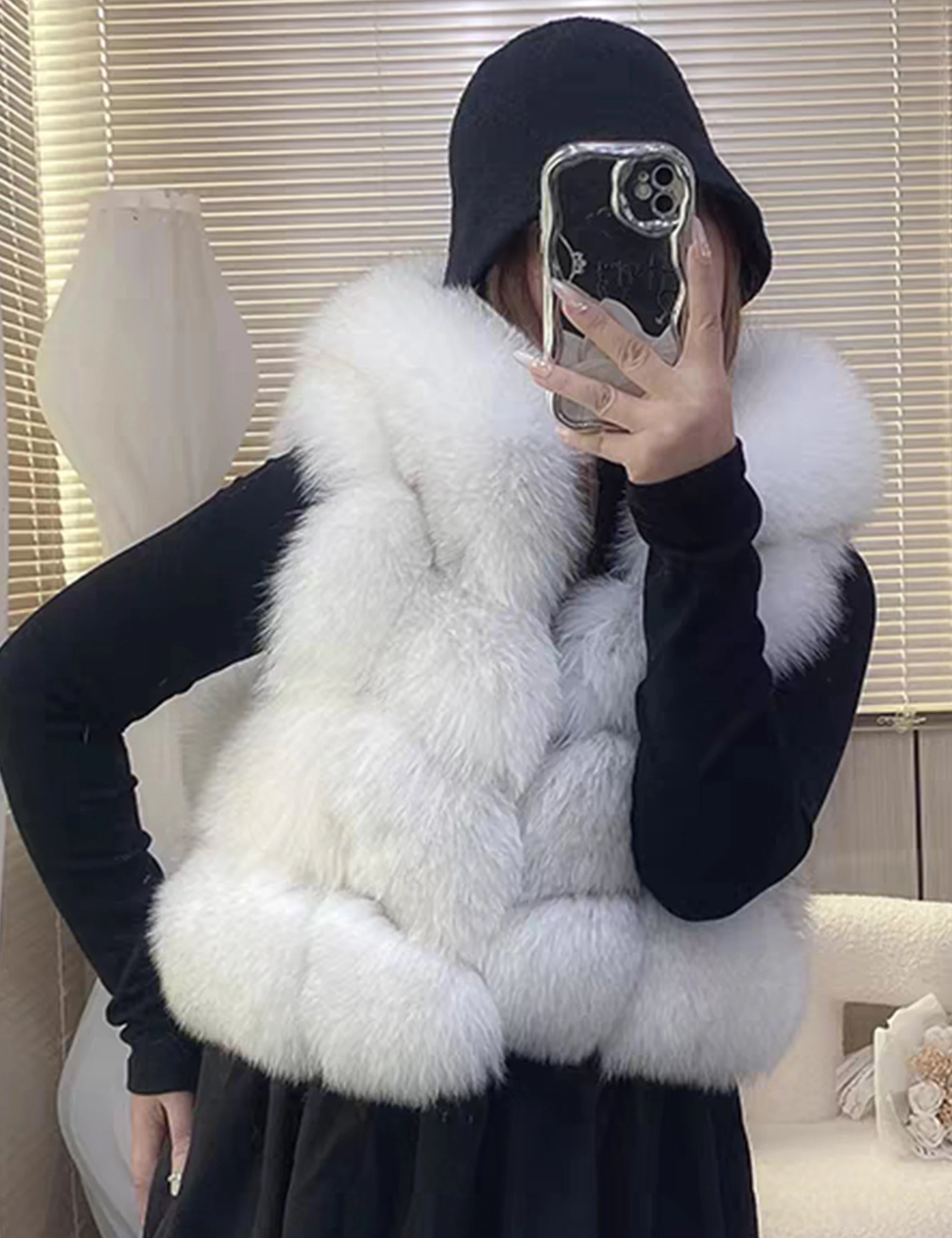 Real Silver Fox Fur Vest – Hooded Genuine Leather Sleeveless Jacket for Women