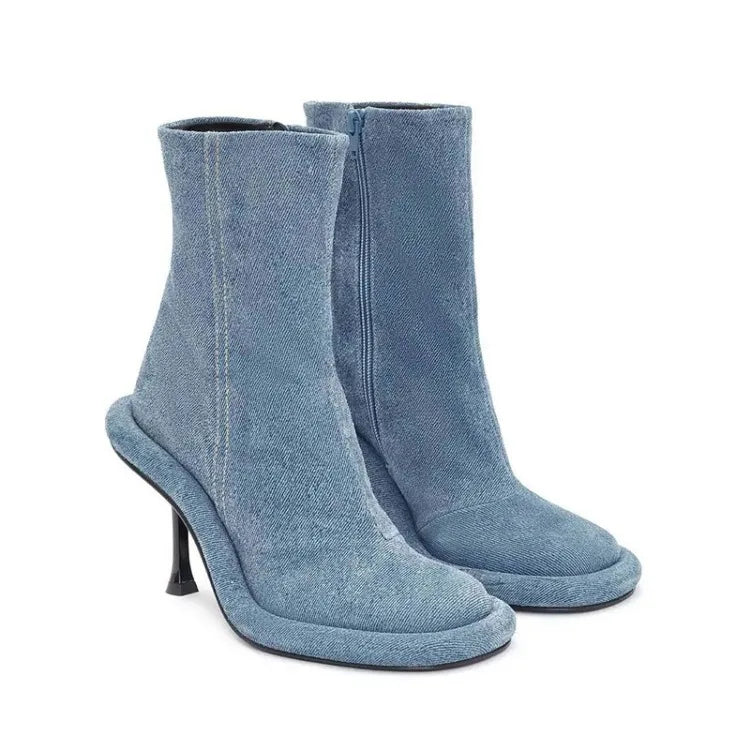 SLSHLYJ Women’s Blue Denim Ankle Boots – High Heel Thick Sole