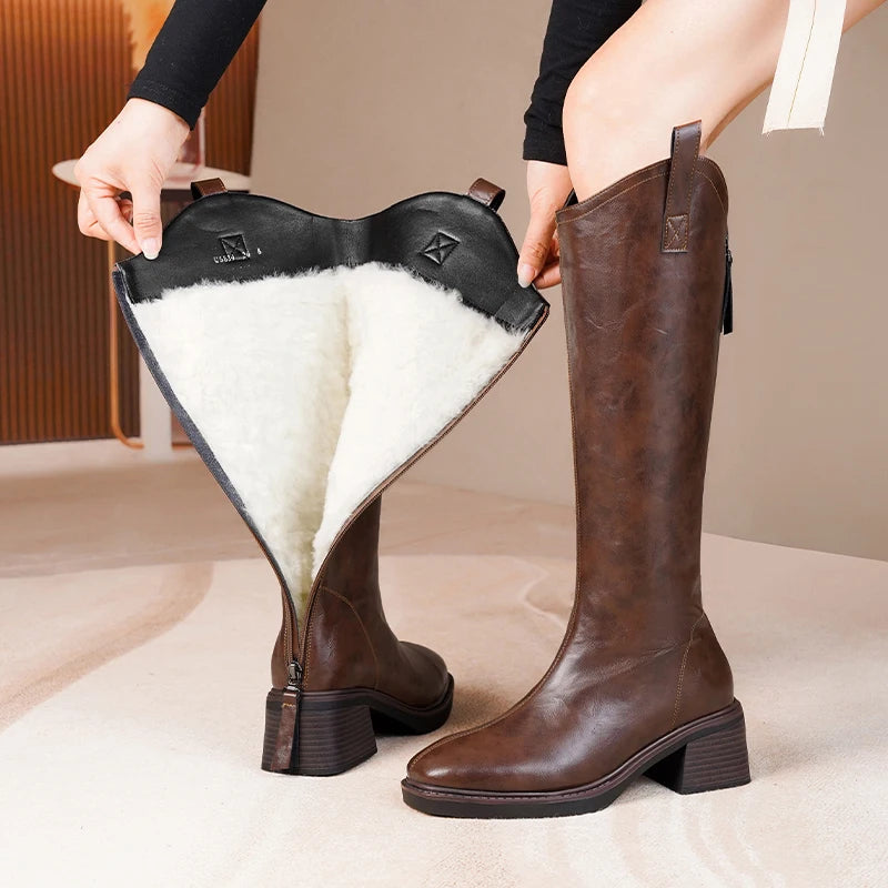 DIMANYU Women’s Mid-Calf Leather Winter Boots – Natural Wool