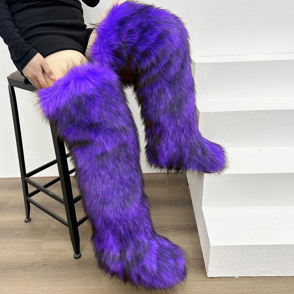 Faux Mongolian Thigh-High Boots Winter Warm Faux Fur Flat Over-the-Knee