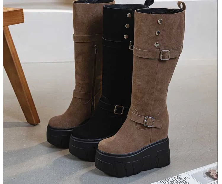 Motorcycle Boots – Microfiber & Synthetic Leather Platform Wedges, Spring/Autumn