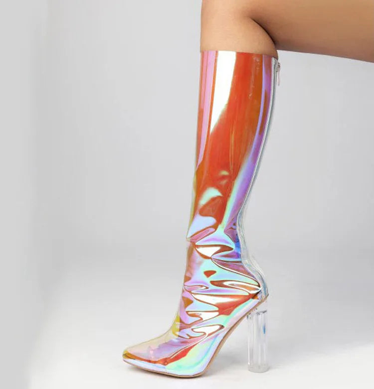 Sexy Pointed Crystal Transparent Knee-High Boots
