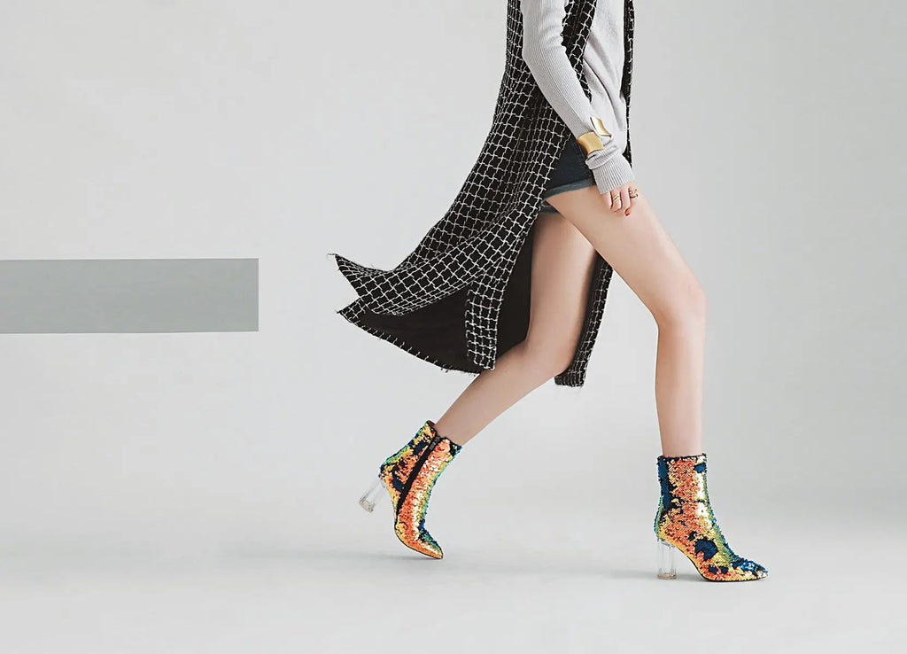 Sequined Short Boots – Women’s Bling Chunk Heel Pointed Toe Ankle Booties