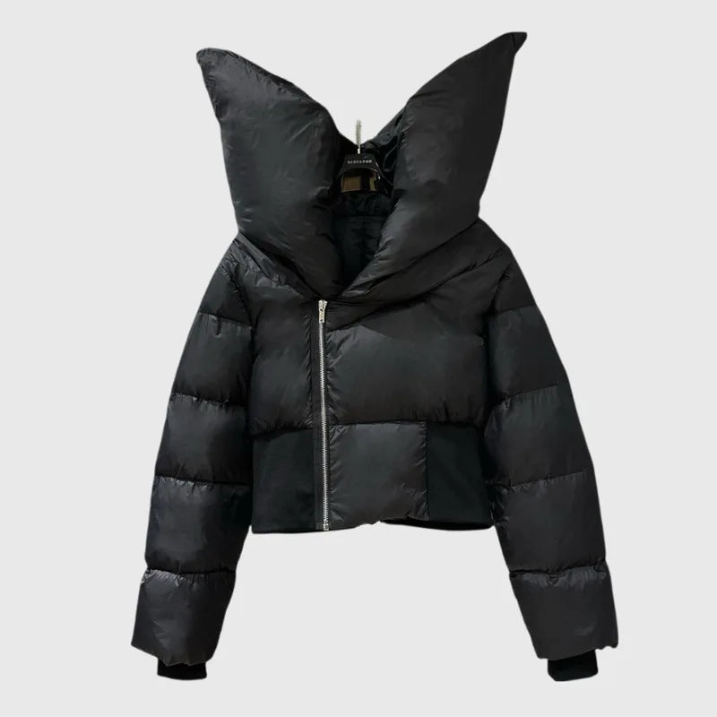 HKSH Asymmetrical Short Down Jacket – Stand Collar Dark Style Winter Coat for Women