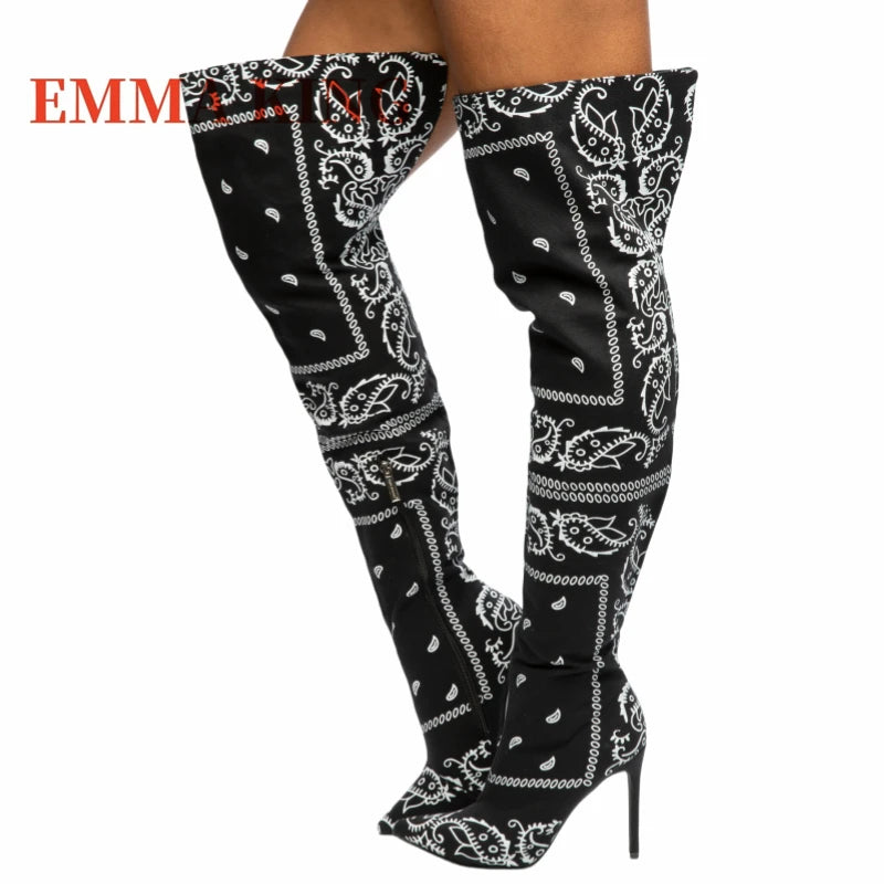 Thigh-High Bandana Print Boots – Sexy Pointed Toe Stiletto Heels