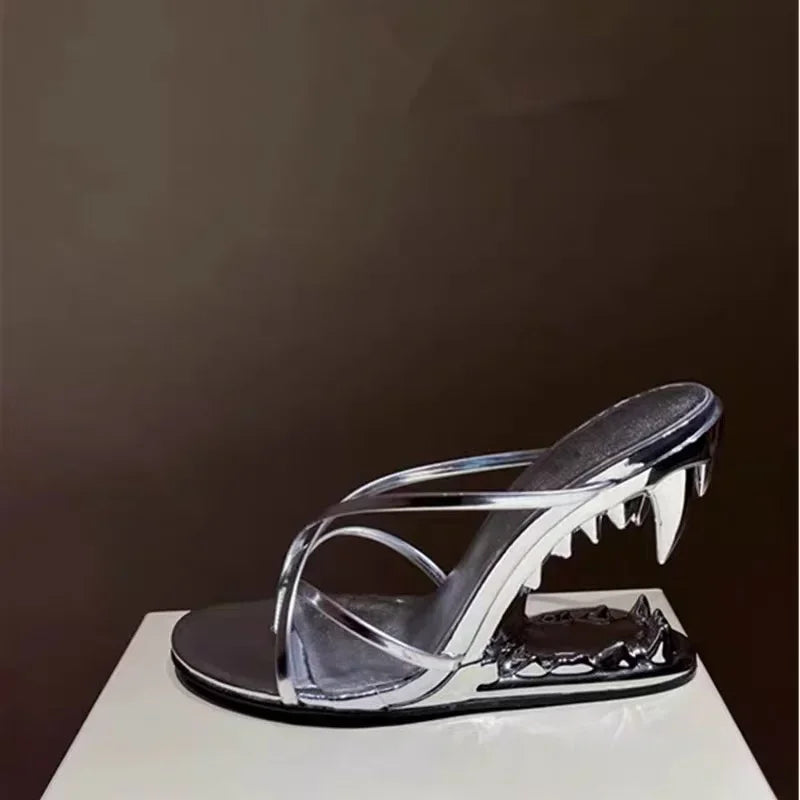 Teeth-Shaped Open-Toe Slippers with Unique Sloping Heel Design