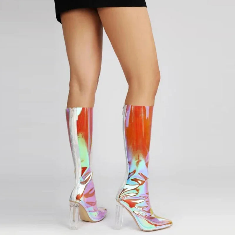 Sexy Pointed Crystal Transparent Knee-High Boots