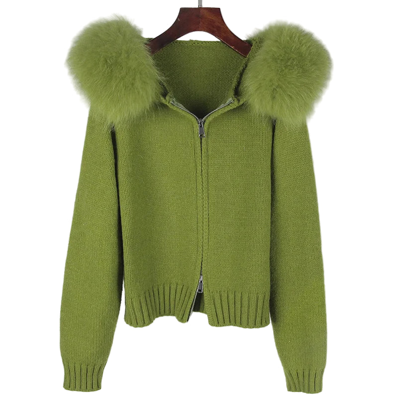 Real Fox Fur Hooded Sweater – Loose Knit Zipper Cardigan
