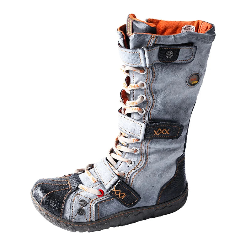 TMA EYES Washed PU Leather Flat Winter Boots – Warm Plush Lining, Mid-Calf