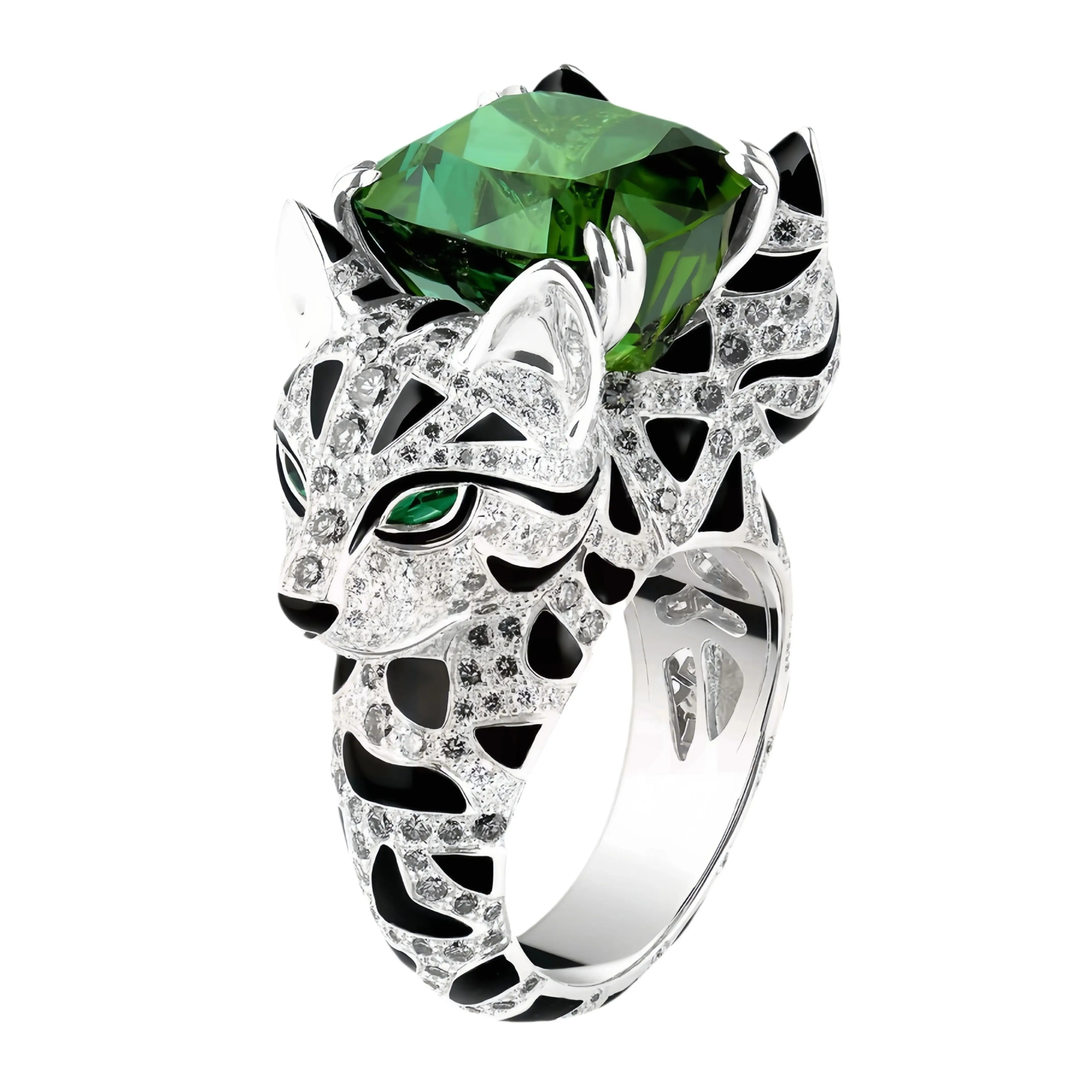Emerald Gemstone 925 Sterling Silver Women’s Ring – Diamond Leopard Design