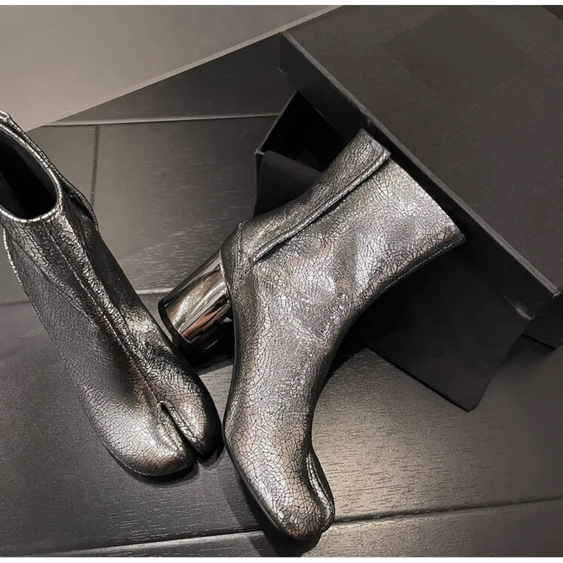 Women’s Split-Toe Tabi Ankle Boots – Chunky High Heel Chelsea Short Booties