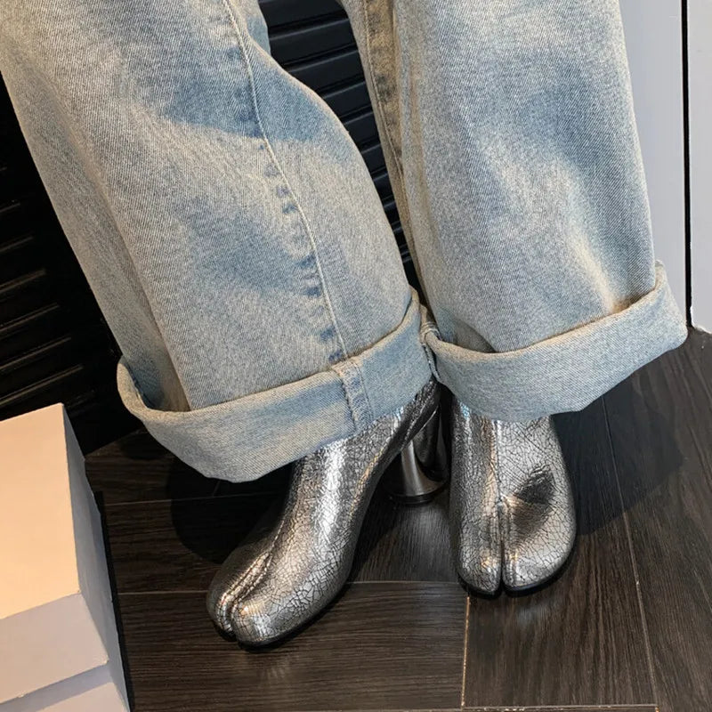 Women’s Split-Toe Tabi Ankle Boots – Chunky High Heel Chelsea Short Booties