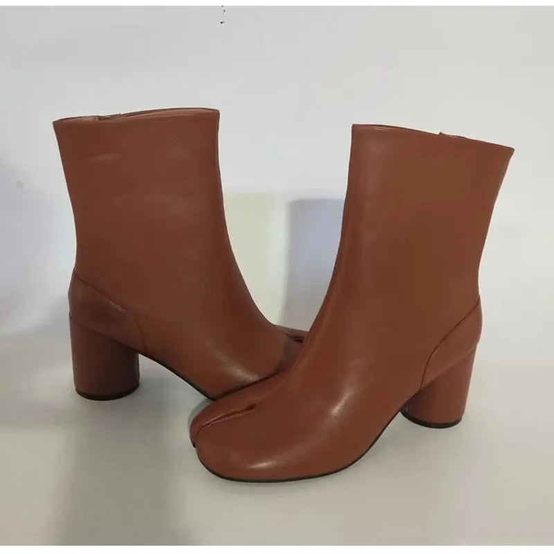 Women’s Split-Toe Tabi Ankle Boots – Chunky High Heel Chelsea Short Booties