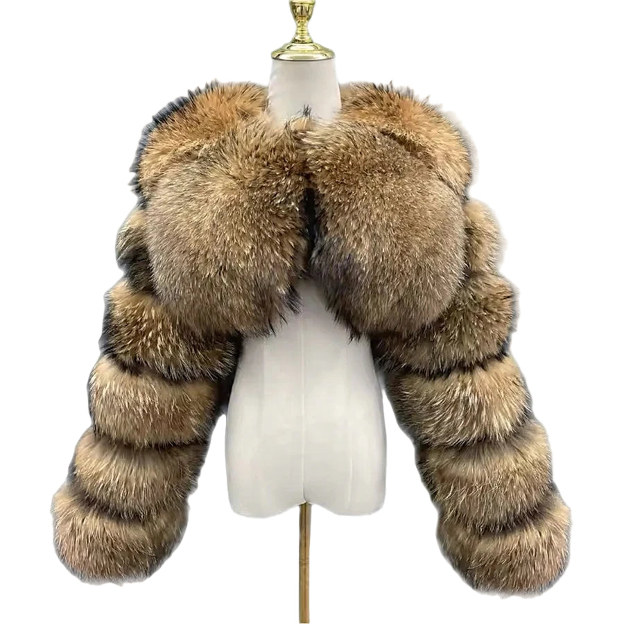 Cropped Real Raccoon Fur Jacket – Short Luxury Bomber Coat for Women