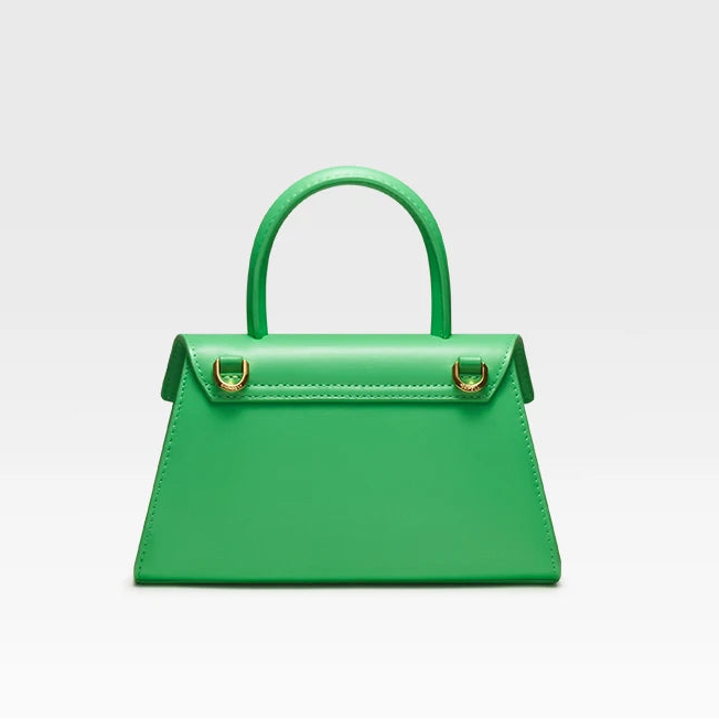 Green handbag with gold accents on a light gray background, featuring the brand 'Bafelli'.