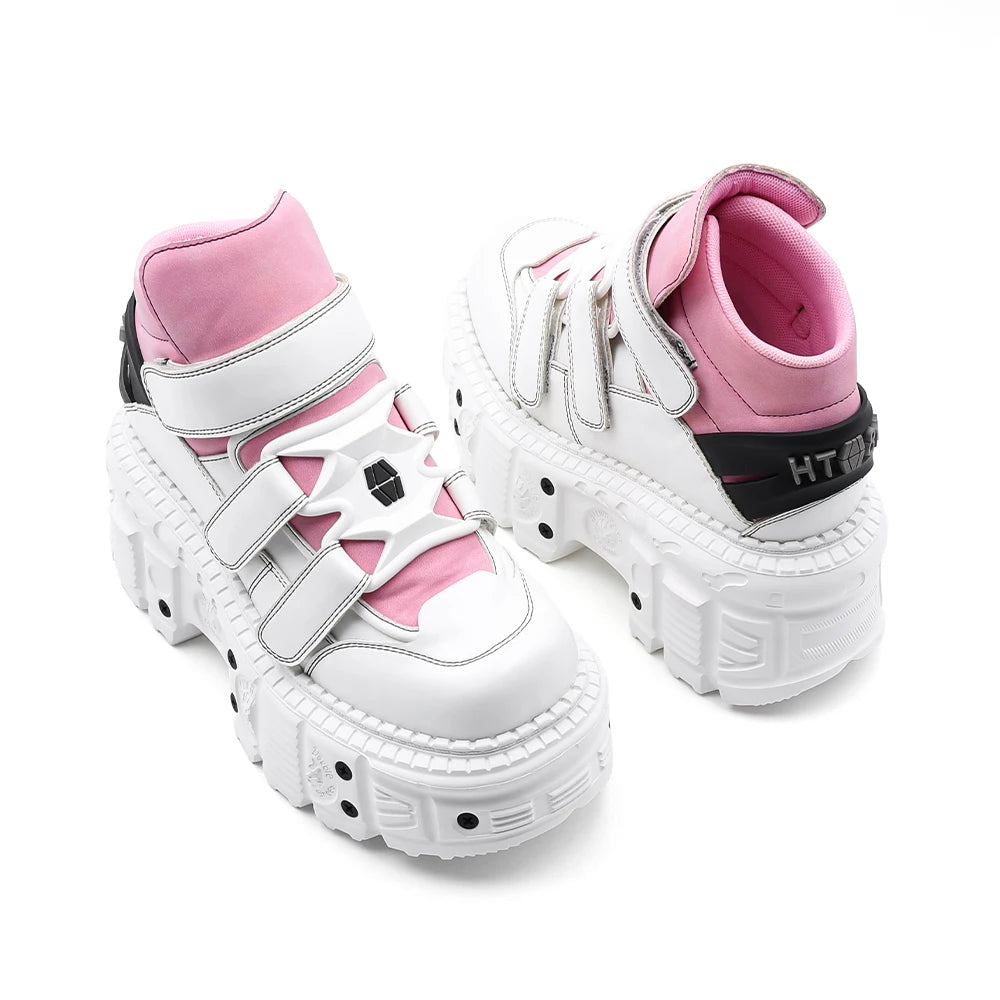 Pink Style Women’s Knee-High Boots – Lace-Up Platform Heel with Metal Detail