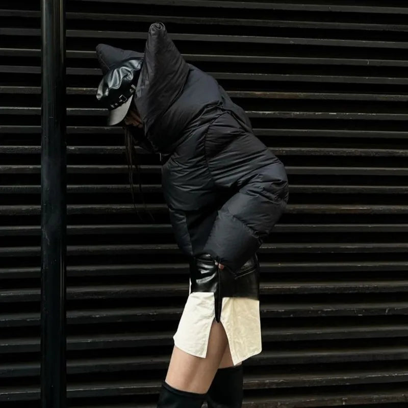 HKSH Asymmetrical Short Down Jacket – Stand Collar Dark Style Winter Coat for Women