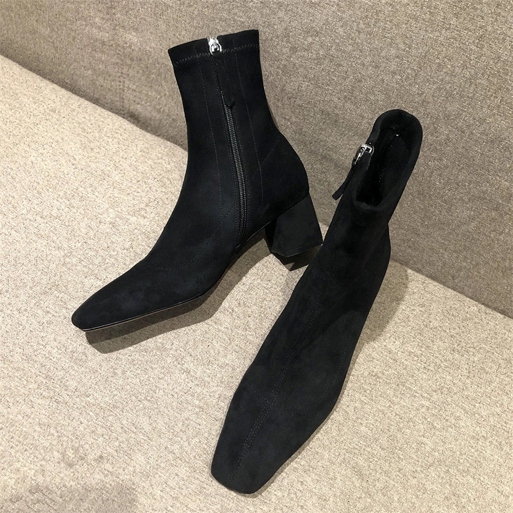 Diane Lockhart Square Toe Elastic Ankle Boots – Chic Thick-Heeled Bare Booties for Women