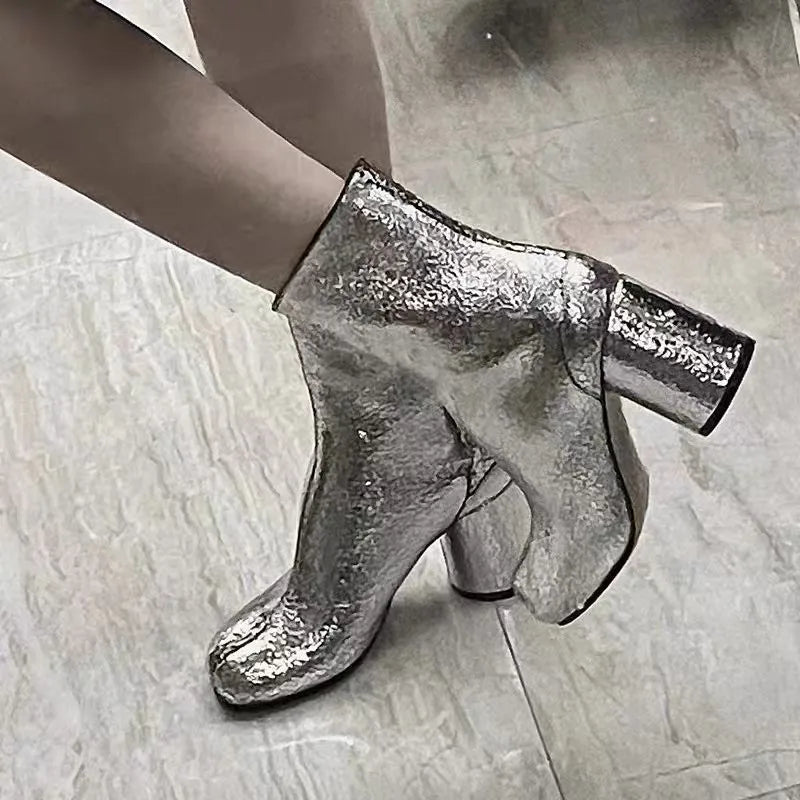 Women’s Split-Toe Tabi Ankle Boots – Chunky High Heel Chelsea Short Booties