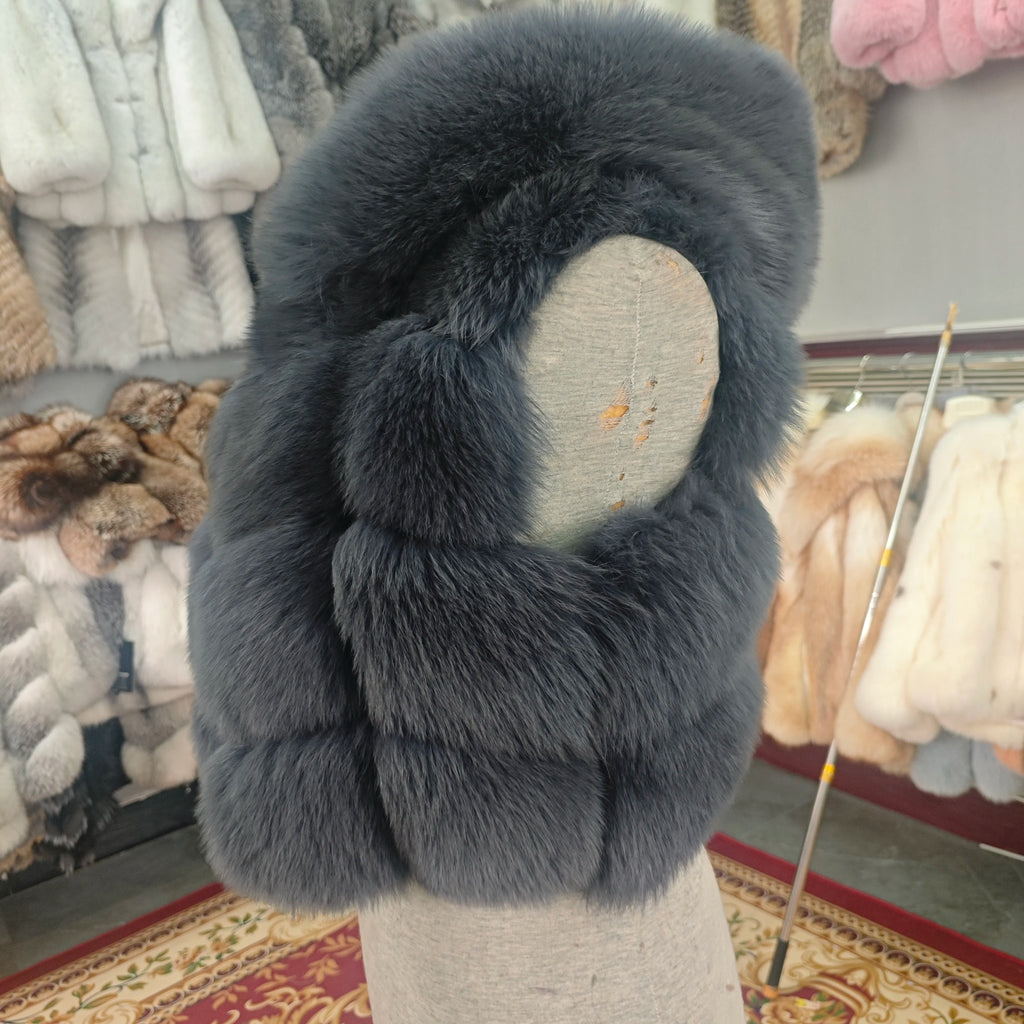 Real Silver Fox Fur Vest – Hooded Genuine Leather Sleeveless Jacket for Women