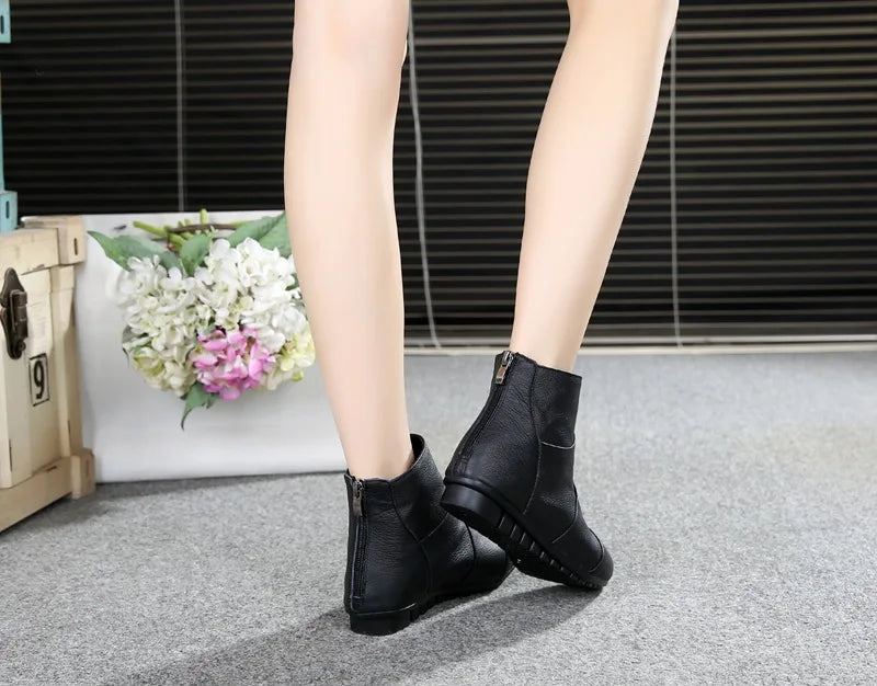 WOIZGIC Women’s Genuine Leather Platform Ankle Boots Zipper Warm Plush Autumn Winter