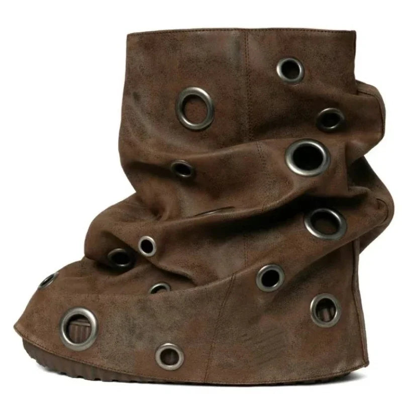 Roman Style Mid-Calf Boots – Thick Bottom, Metal Hole Detail, Slip-On Comfort