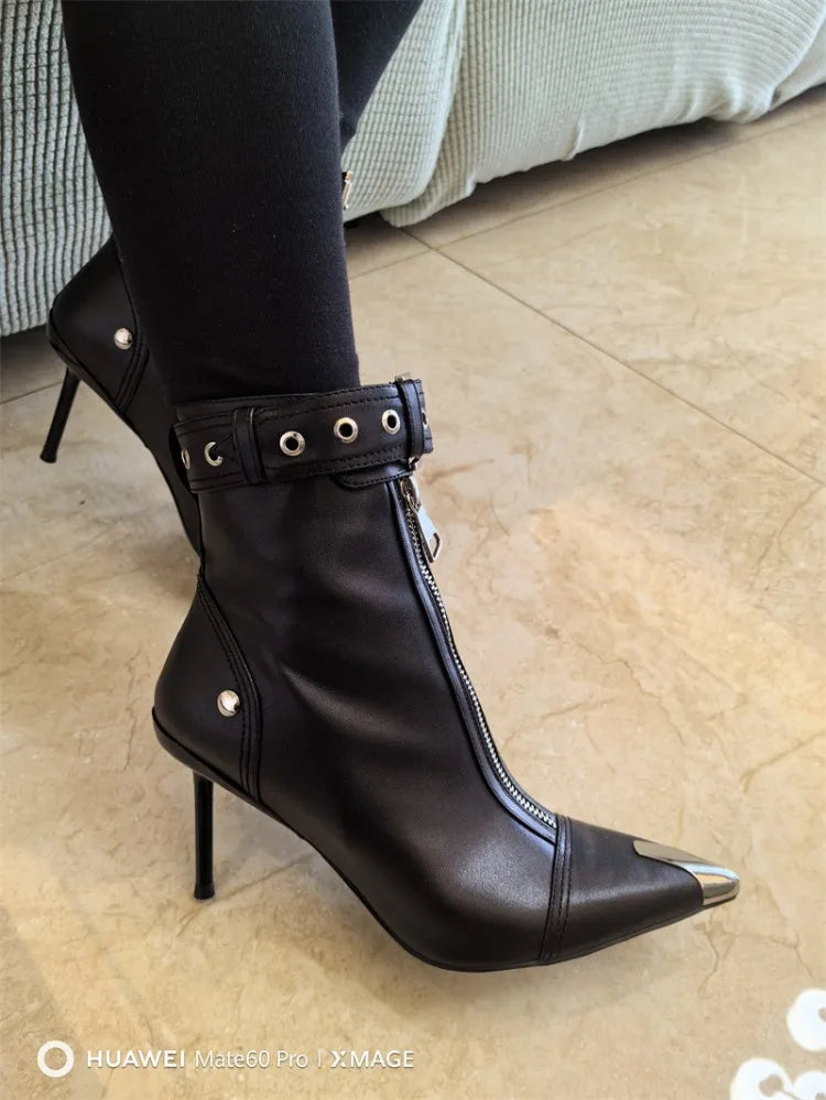 Pointed Ankle Boots – Belt Buckle & Front Zipper,